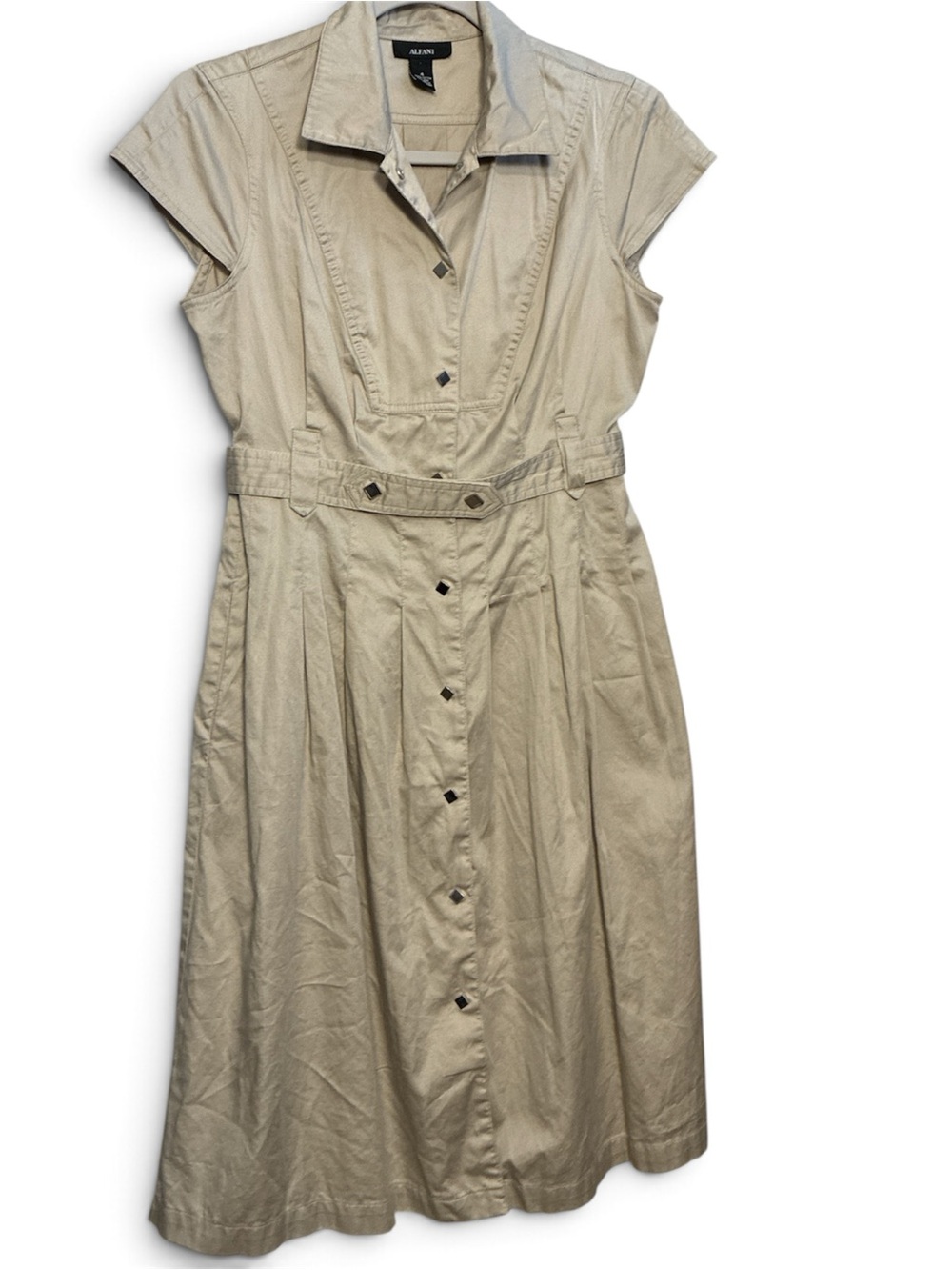 Alfani Tan Short-Sleeve Snap Button-Front Belted Shirt Dress Fit & Flare Size 4